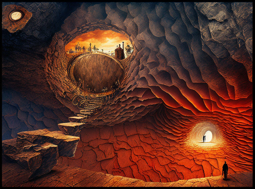 Surreal illustration of person in cave-like interior with circular patterns