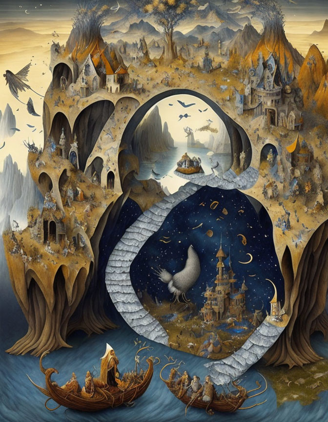 Circular landscape with day and night scenes, castles, boats, cosmic snake, and birds.