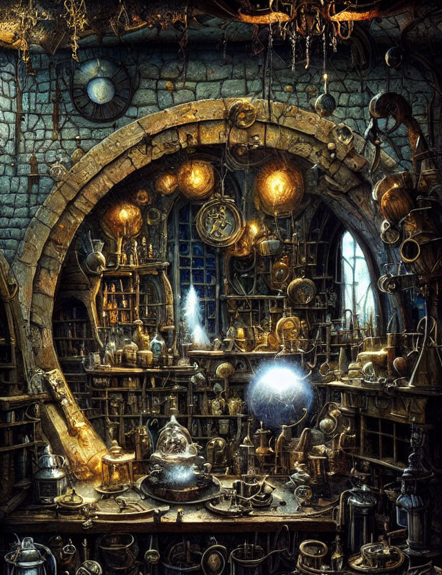 Mystical alchemist's lab with books, potions, and celestial globes