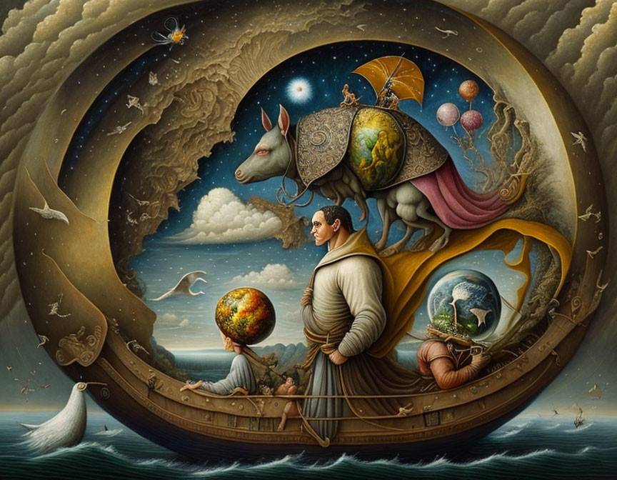 Fantastical painting: Person with globe in cosmic backdrop