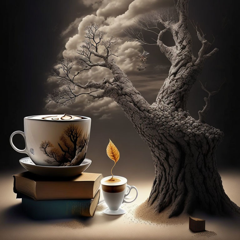 Surreal scene: giant coffee cup on books, small cup with leaf, barren tree, cloudy