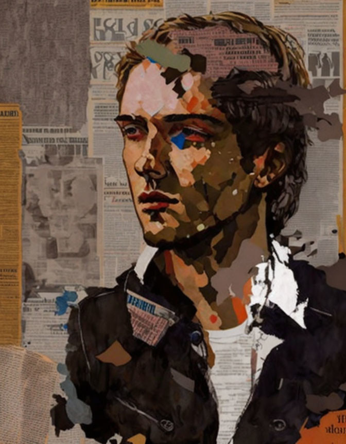 Male portrait against newspaper collage in earth tones and blues