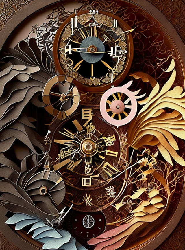 Steampunk-themed digital artwork with gears and clocks in golden tones