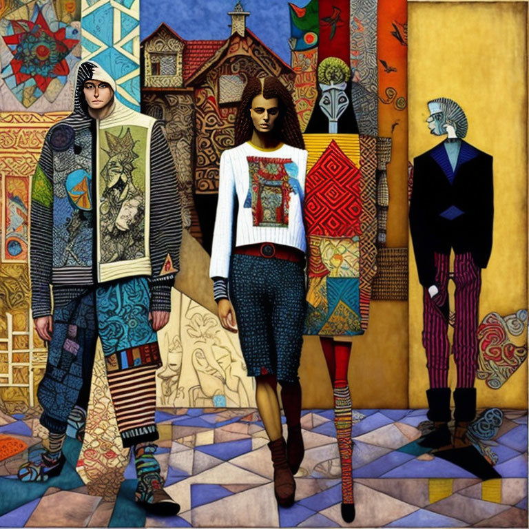 Colorful Stylized Figures in Patterned Clothing Against Geometric Background