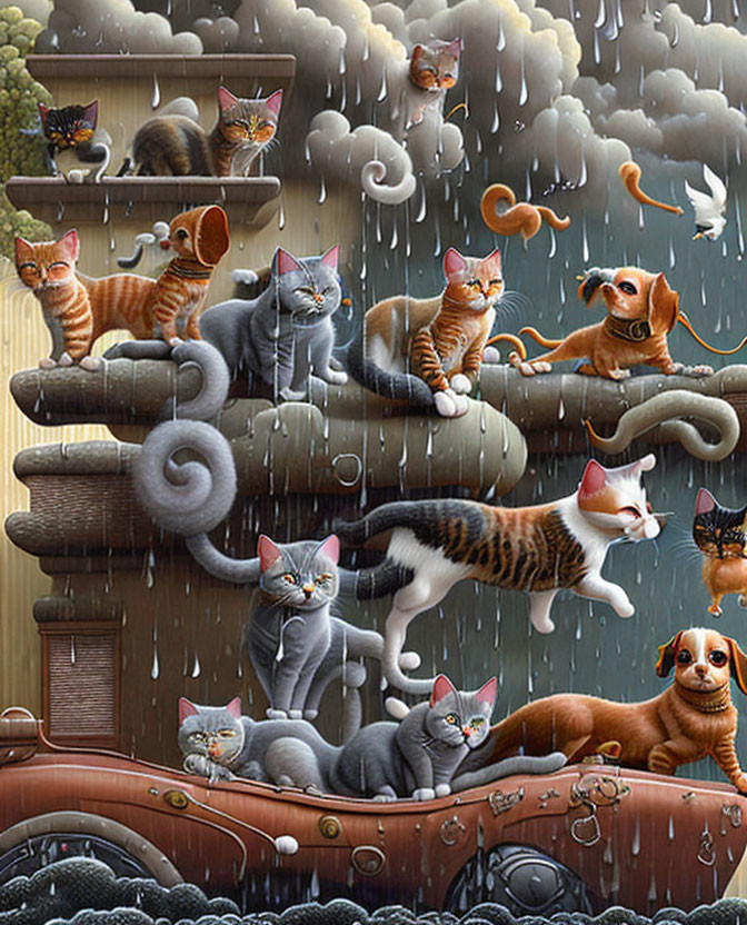 Cat and dog artwork on shelves on a rainy day