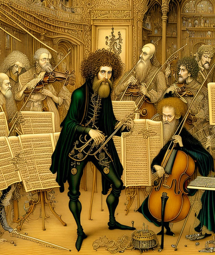 Detailed Classical Orchestra Illustration with Conductor and Musicians