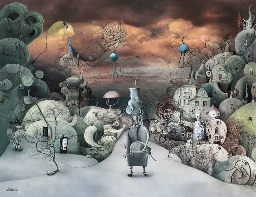 Surreal anthropomorphic character in whimsical landscape