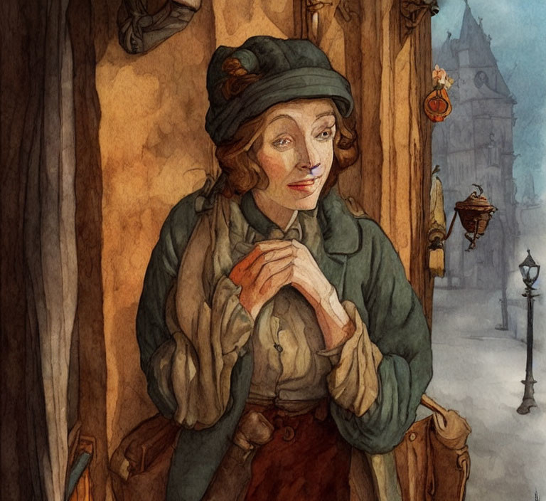 Illustration of woman in green jacket with letter on vintage street