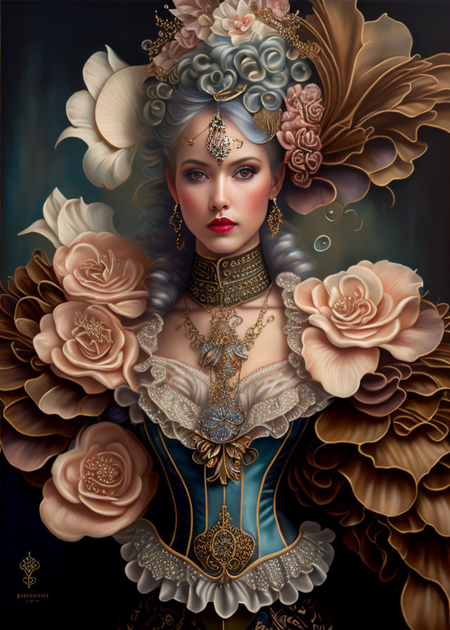 Elaborate Victorian-inspired woman portrait with stylized roses