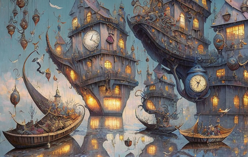 Whimsical fantasy artwork of floating clock buildings and lantern-lit boats