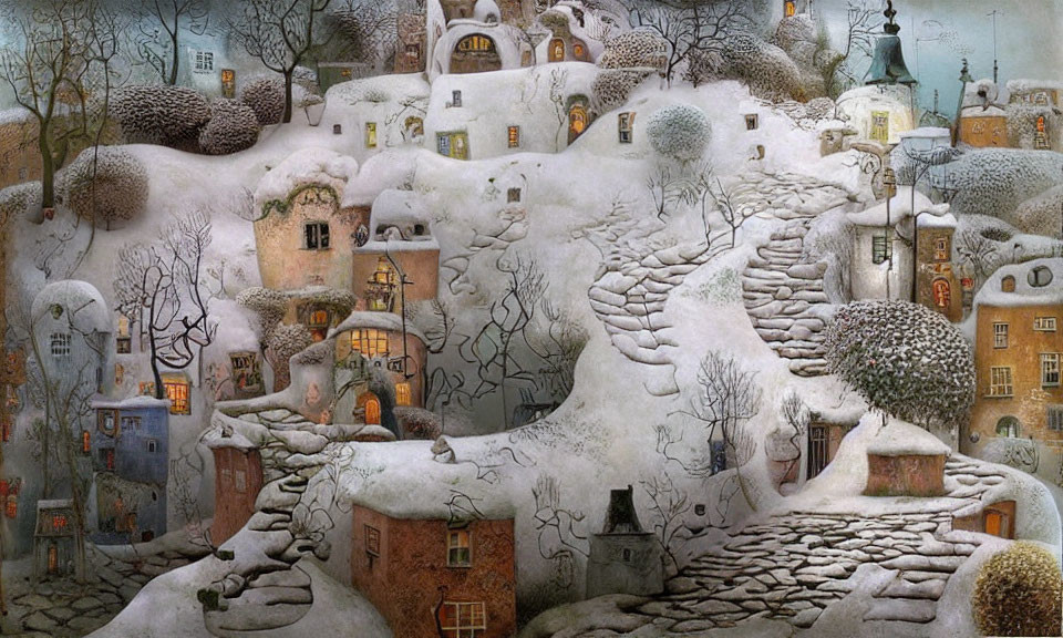 Snowy village with cozy houses and glowing lights in winter landscape