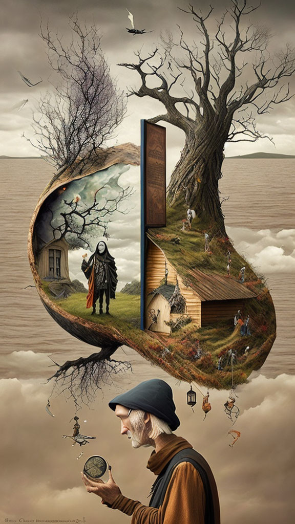 Surreal artwork: tree silhouette, riverscape, cabin, figures, elder with compass