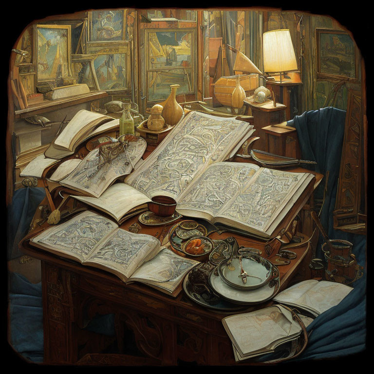 Detailed Still Life Painting of Antique Study Room