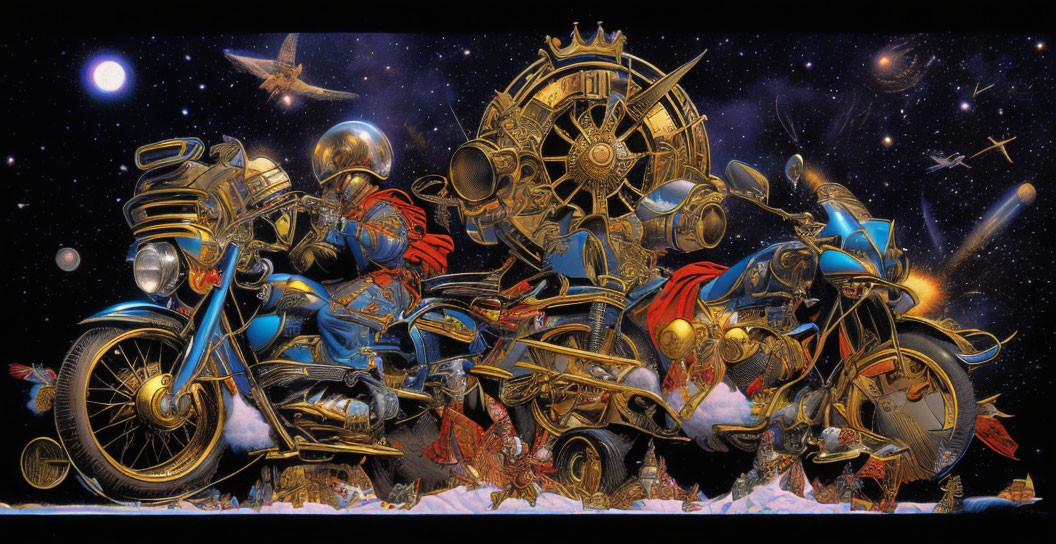 Futuristic illustration of two astronauts on golden mechanical steeds