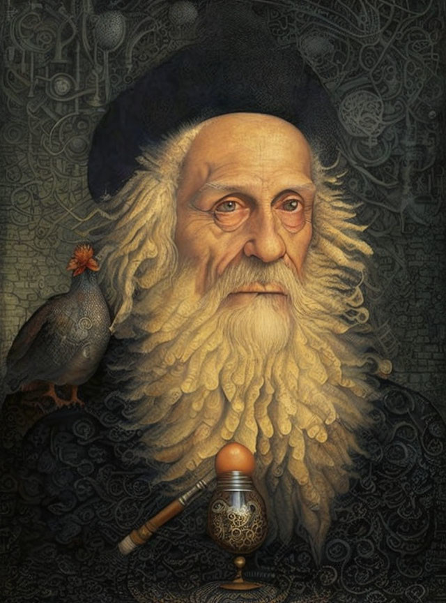 Elderly man with white beard, hen, decorated egg, and pipe in illustration