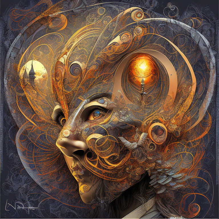 Digital artwork of woman with mechanical elements and ornate headdress blending architectural and steampunk aesthetics