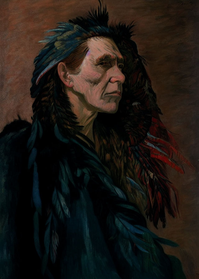 Native American man in feathered headdress oil painting