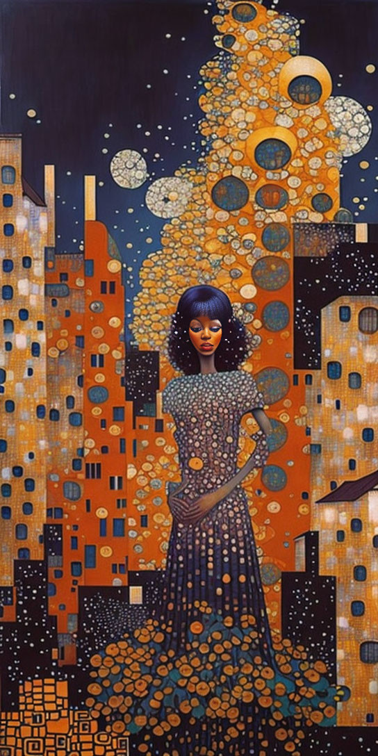 Stylized painting of woman merging into cityscape with orange, yellow, and blue tones.