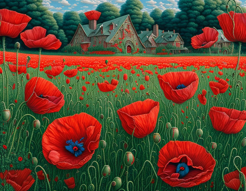 Blooming red poppies field with stone cottage and clear sky