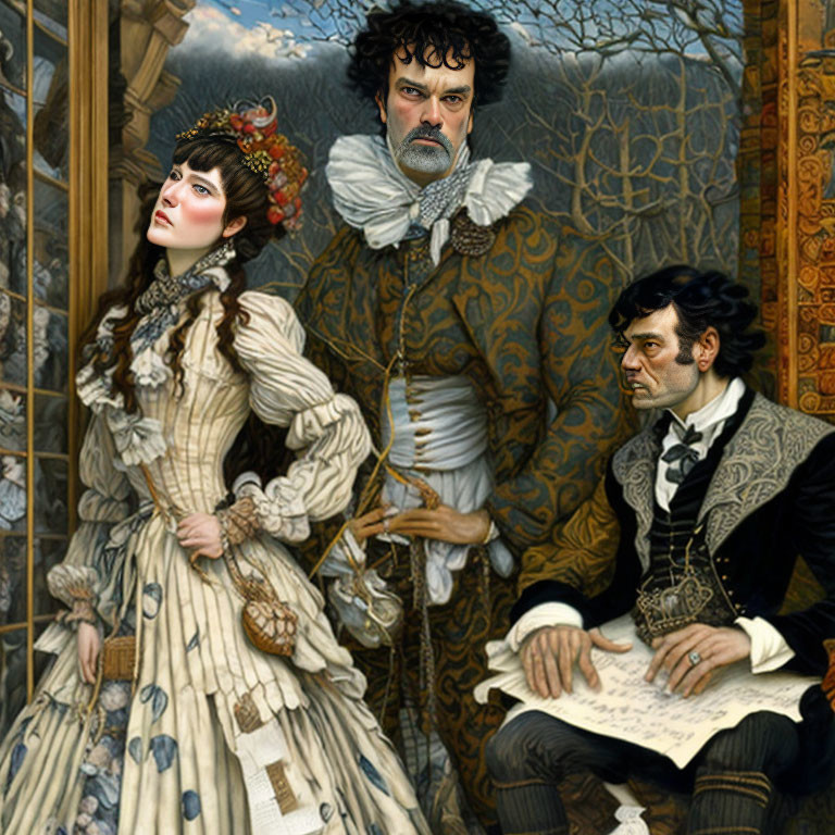 Three People in Opulent Historical Attire in Classical Decor Room