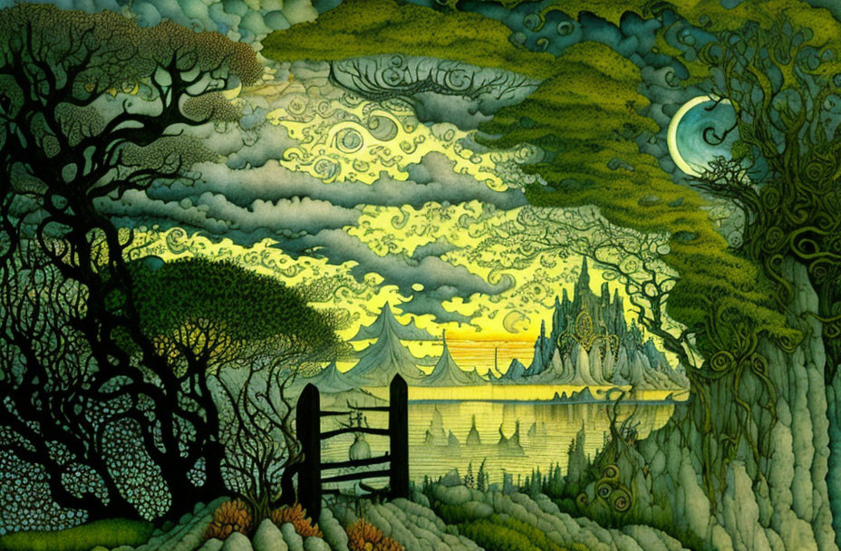 Detailed fantasy landscape with trees, crescent moon, swirling clouds, and distant castle under starry sky