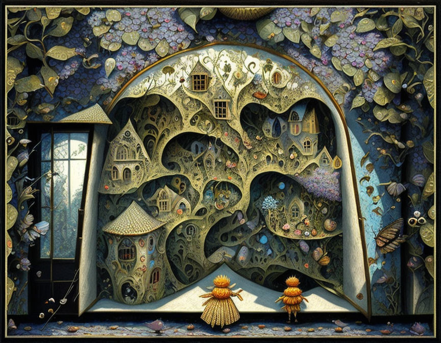 Whimsical painting of fantastical architecture with nature motif