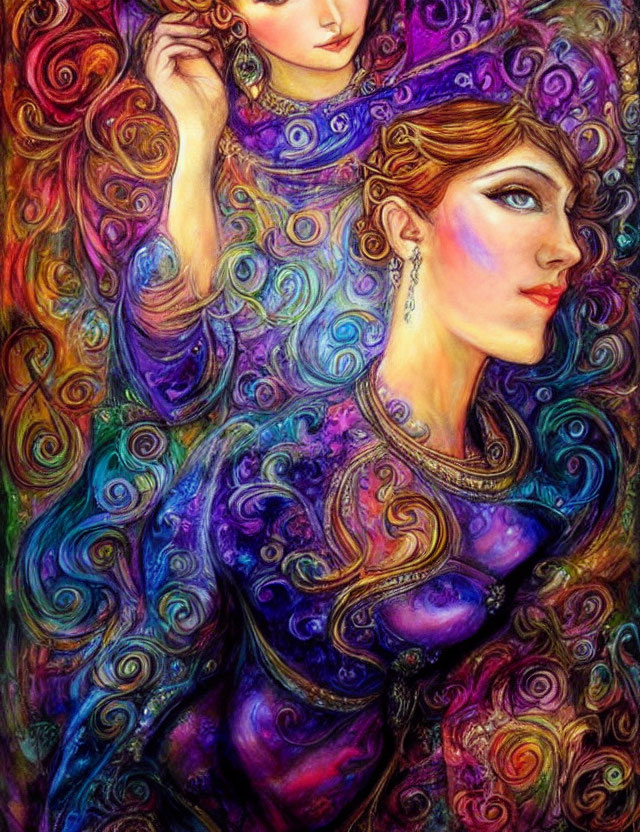 Vibrant artwork of two stylized women with swirling designs in purple and blue.