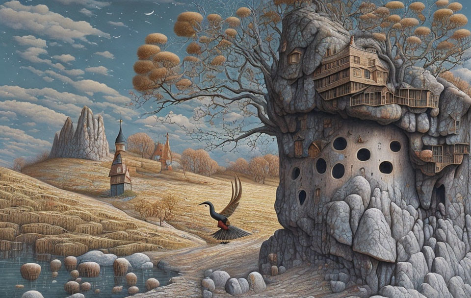 Surreal landscape with rocky formation, wooden structure, mill, stork, barren trees, hay