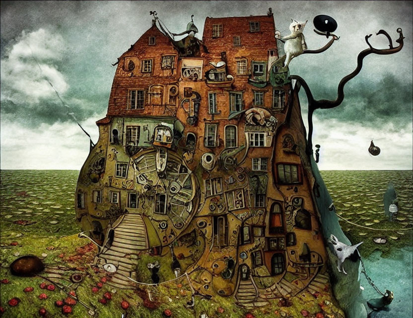 Surreal clock-themed house with anthropomorphic creatures on textured green ground