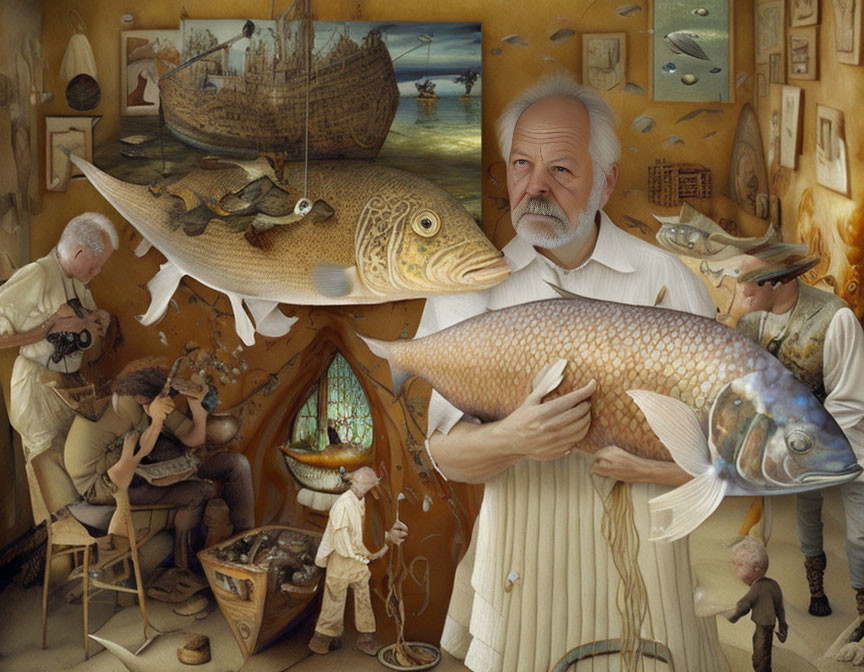 Whimsical room with oversized fish and people painting and observing