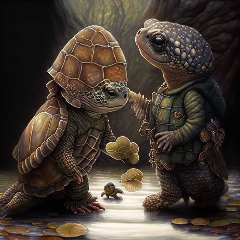 Anthropomorphic turtles in woodland: one with cane and vest, touching gently