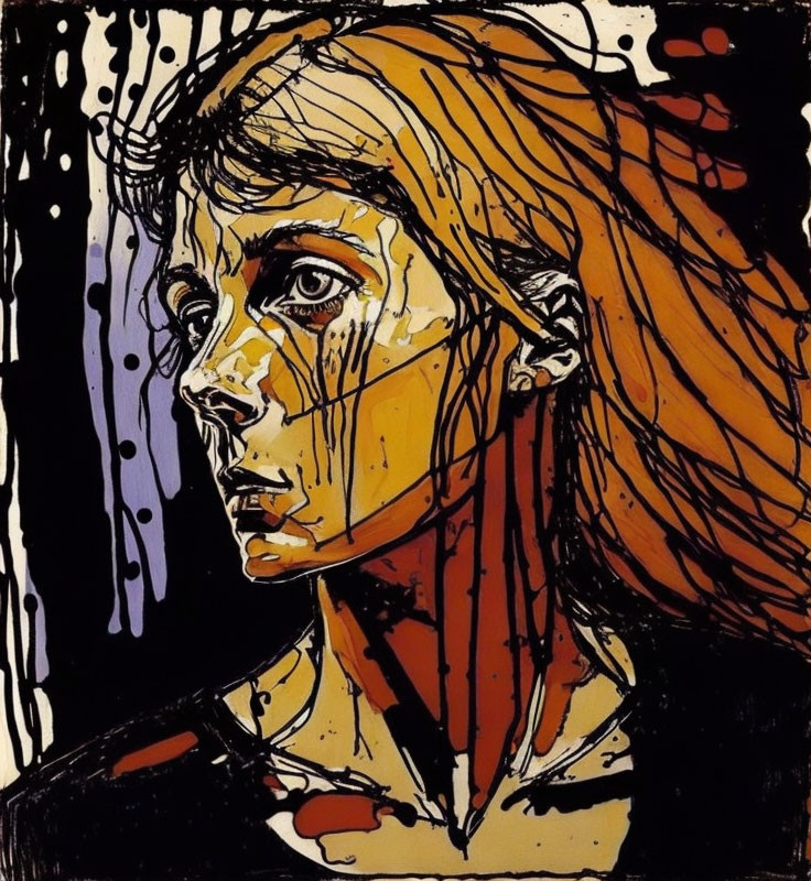 Abstract portrait of a woman with dark hair and side gaze in black, yellow, and red palette.