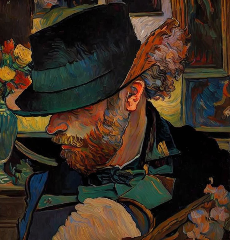 Colorful post-impressionist portrait of a bearded man in a hat and bow tie