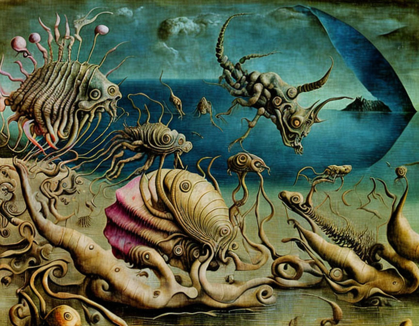 Fantastical surreal sea creatures in moonlit sky scene