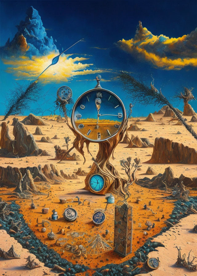 Surreal painting of clock-tree hybrid in desert with timepieces and whimsical sky