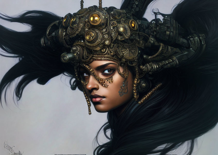 Detailed steampunk headgear on woman with dark flowing hair