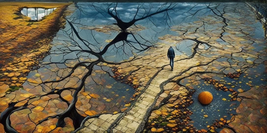 Person walking on cracked earth with tree shadows, pumpkin, bridge, and water under moody sky