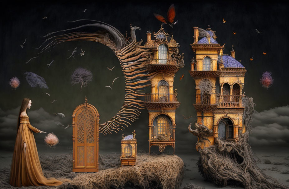 Surreal artwork: Woman in flowing dress by open door, tree with floating houses and birds