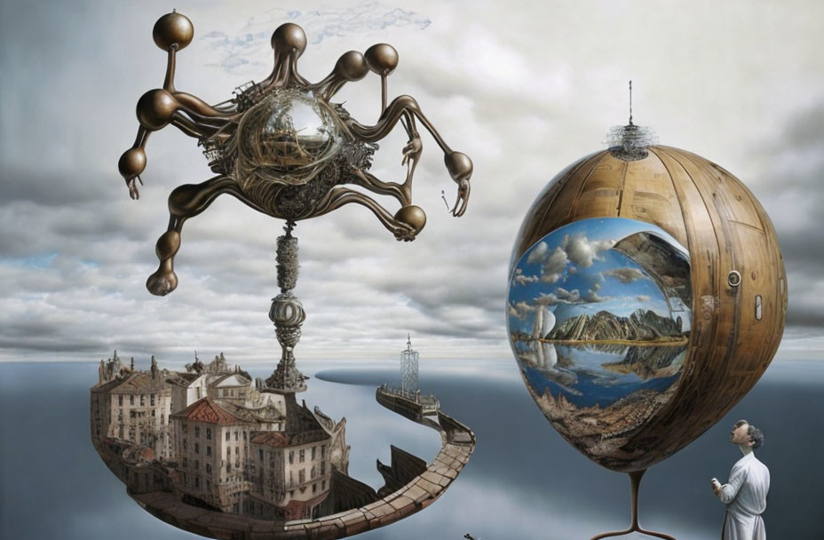 Surreal artwork: man gazes at floating orbs with cityscape inside