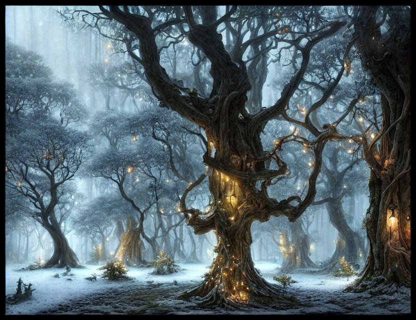 Mystical forest scene with glowing trees in misty snowscape