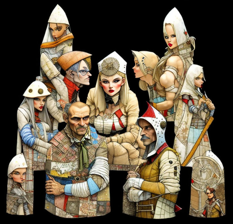 Medieval fantasy characters collage with knight and archer in detailed comic art