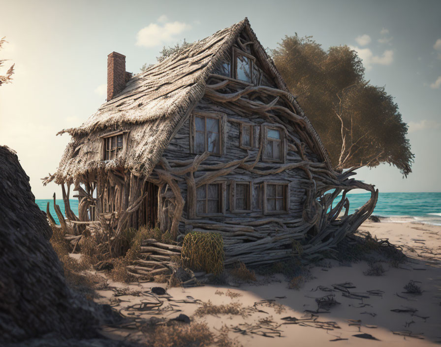 Crooked wooden cottage with thatched roof on sandy beach surrounded by trees