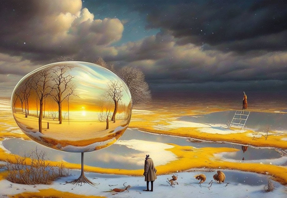 Person in snowy landscape with animals and reflective orb showing sunny scene