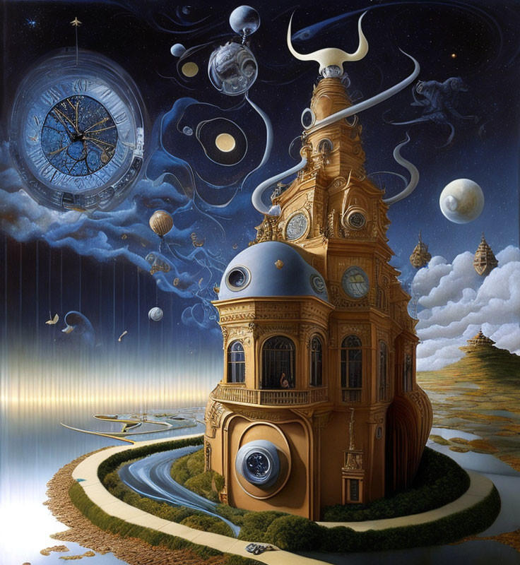 Surreal painting: Gold building, musical elements, giant clock, planets, moons, swirling clouds