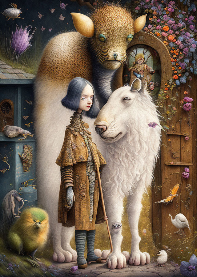 Fantasy illustration featuring girl, giant lynx, white lion, and fluffy creature.