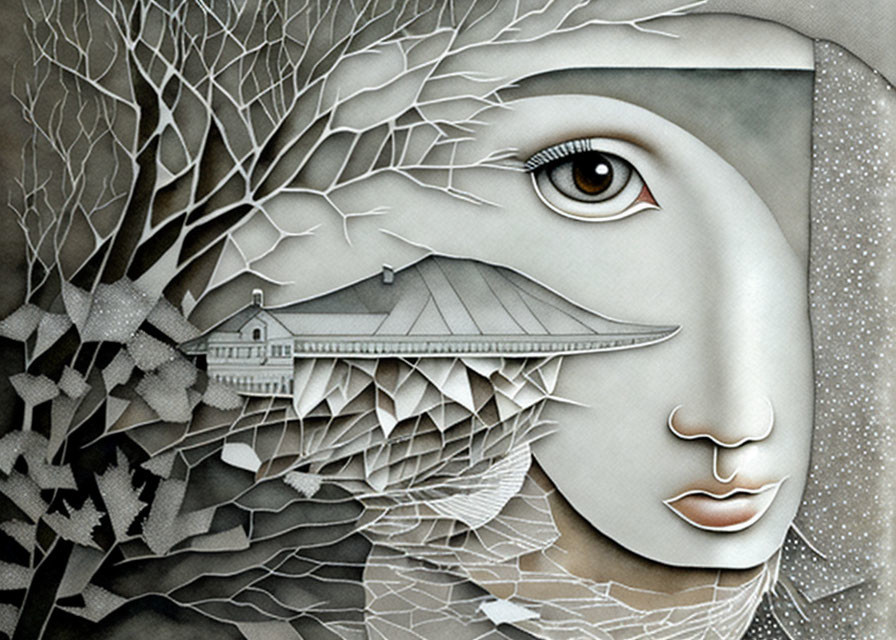 Monochromatic surreal fusion of female face with nature and architecture, featuring intricate eye detailing.