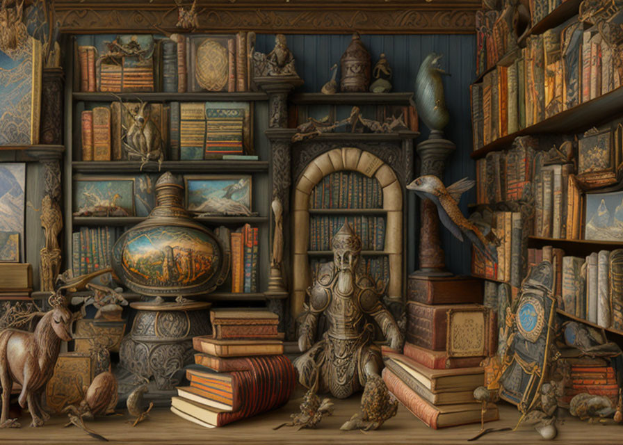 Old library with globe, books, knight's armor, and animal sculptures