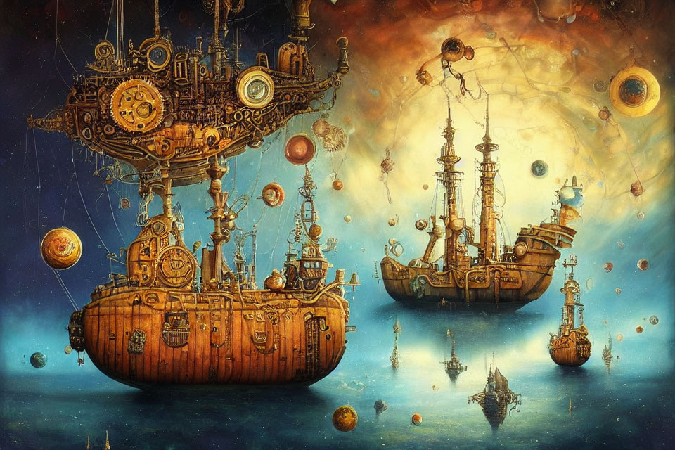 Steampunk-style airships soar among fantastical planets in a colorful sky