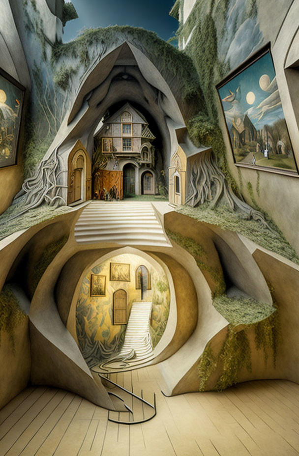 Surreal room with impossible architecture and framed artworks