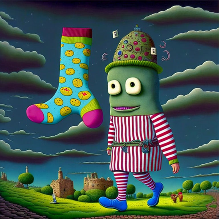 Colorful humanoid with patterned hat and mismatched socks walking under floating giant sock in whimsical illustration